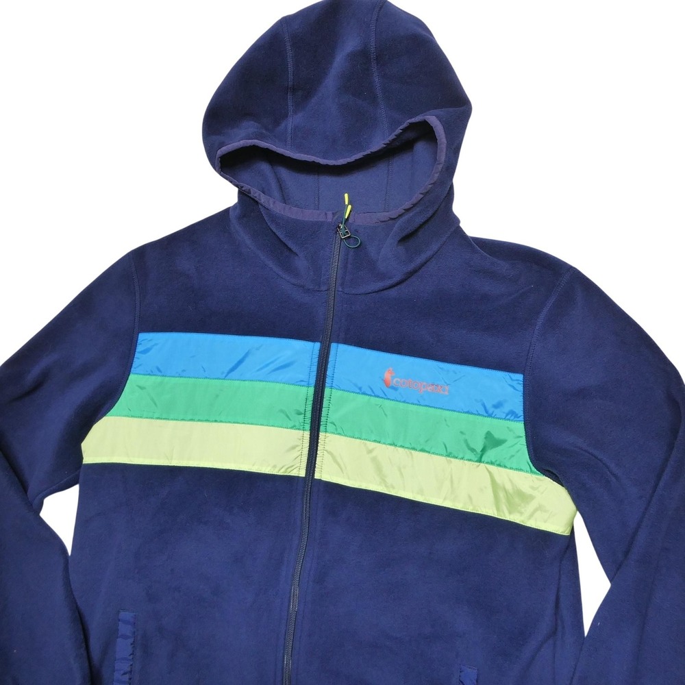 Cotopaxi Jacket Mens Large Blue Hooded Fleece Striped Full Zip Outdoor Hiking